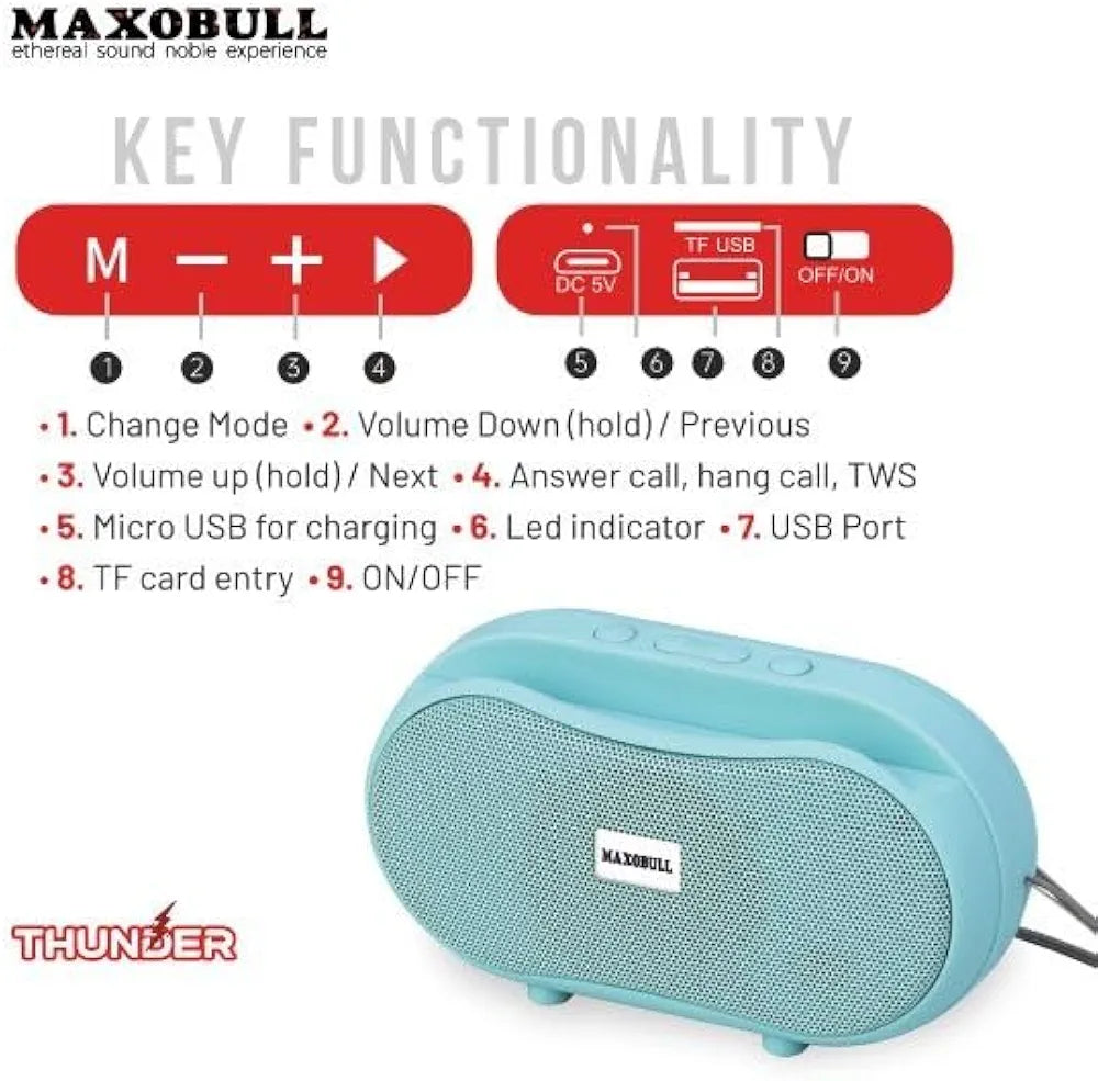 Maxobull Thunder TWS Portable Bluetooth Speaker - 7W Power, Wireless Stereo Sound