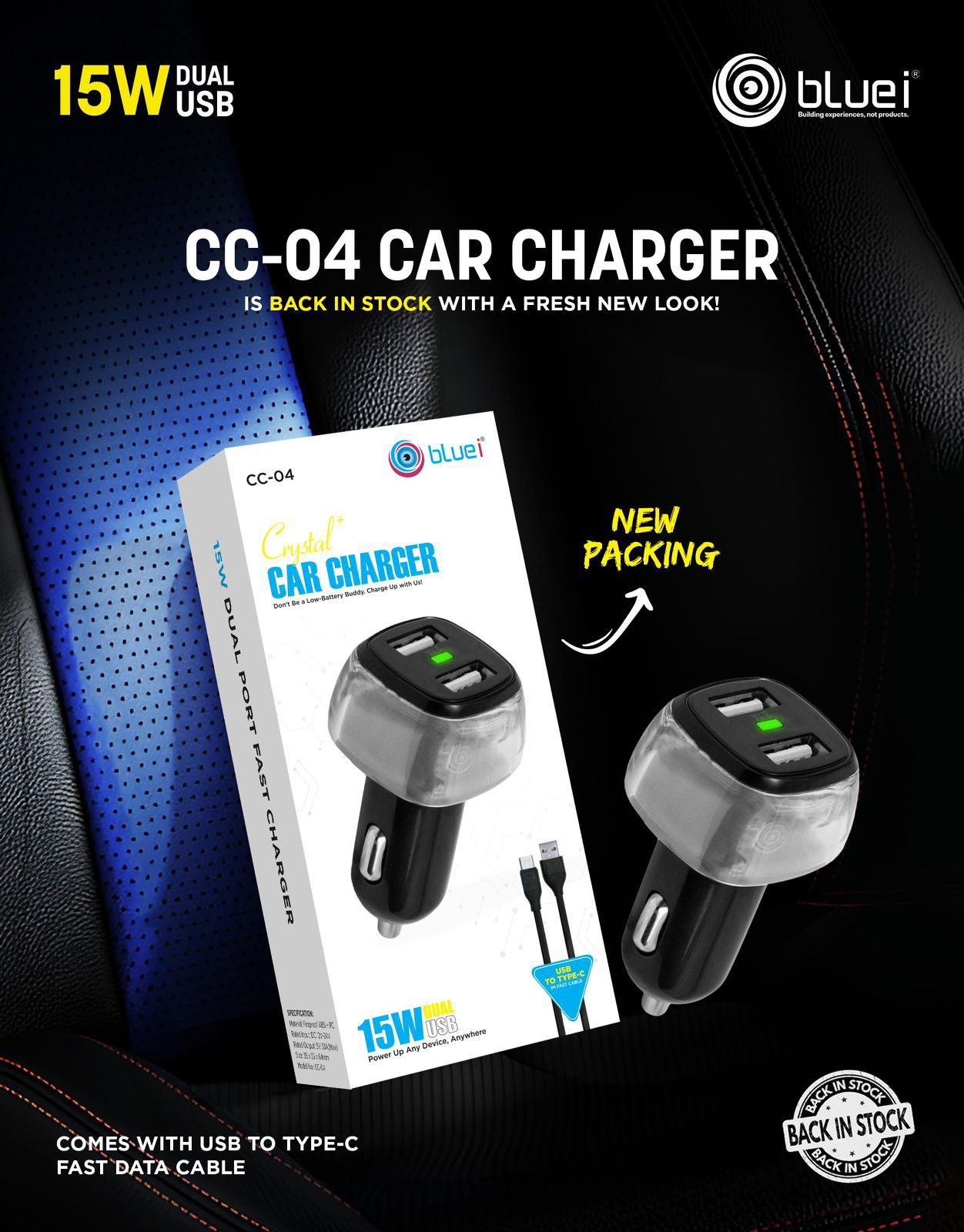 Bluei CC-04 Car Charger - 15W Dual USB Fast Charger with Type-C Cable