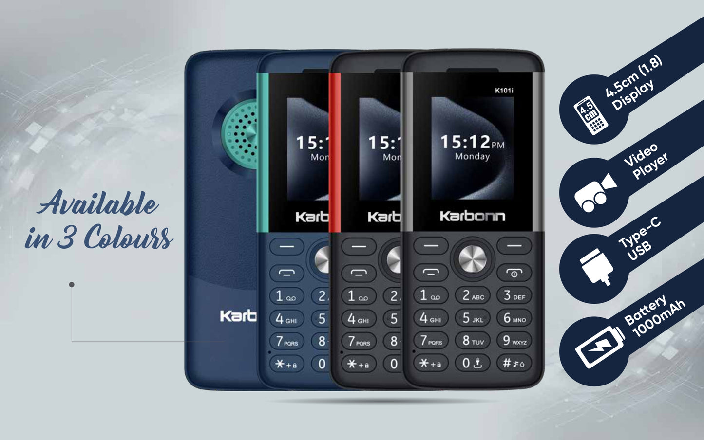 Karbonn K101i Feature Phone with 3.5mm Audio Jack, Type-C USB, and LED Torch