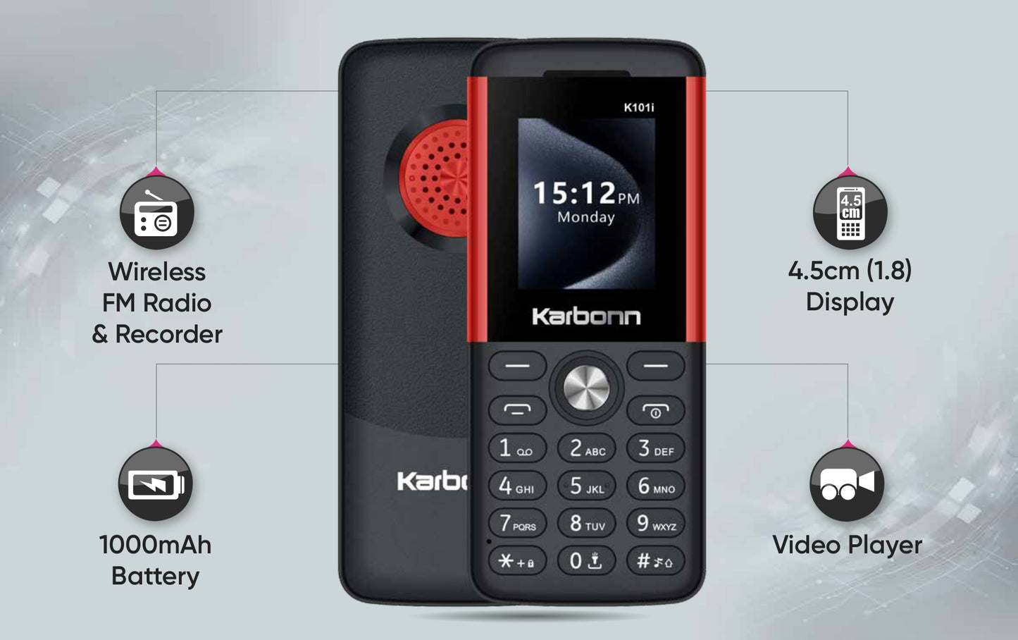 Karbonn K101i Feature Phone with 3.5mm Audio Jack, Type-C USB, and LED Torch