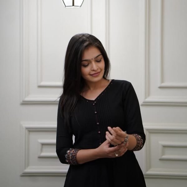 Premium Cotton Pintex Kurti Set with Embroidered Sleeves - Black Copy