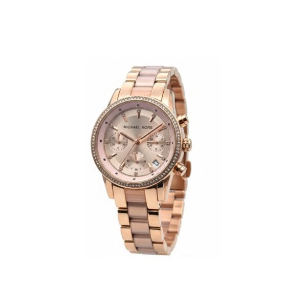 Luxury Rose Gold-Tone Chronograph Watch with Blush Acetate Links – Designer Inspired