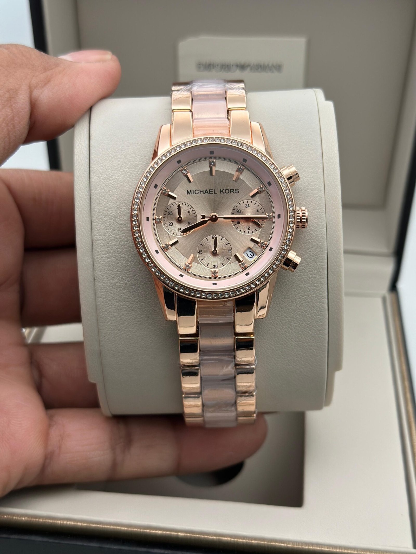 Luxury Rose Gold-Tone Chronograph Watch with Blush Acetate Links – Designer Inspired - Image 2