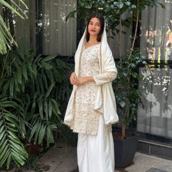 eid festival special chinon silk embroidered kurti palazzo set with dupatta