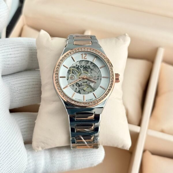 luxury crystal skeleton ladies watch – rose gold & silver stainless steel women's watch