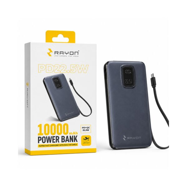 rayon 10000mah power bank with built in cable – 22.5w pd fast charging