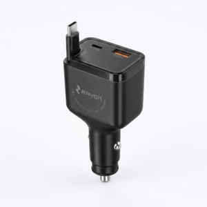 RAYON 84W Fast Car Charger (RCC 54) – Dual Port PD 33W & QC 3.0 with Built-in Type-C Cable