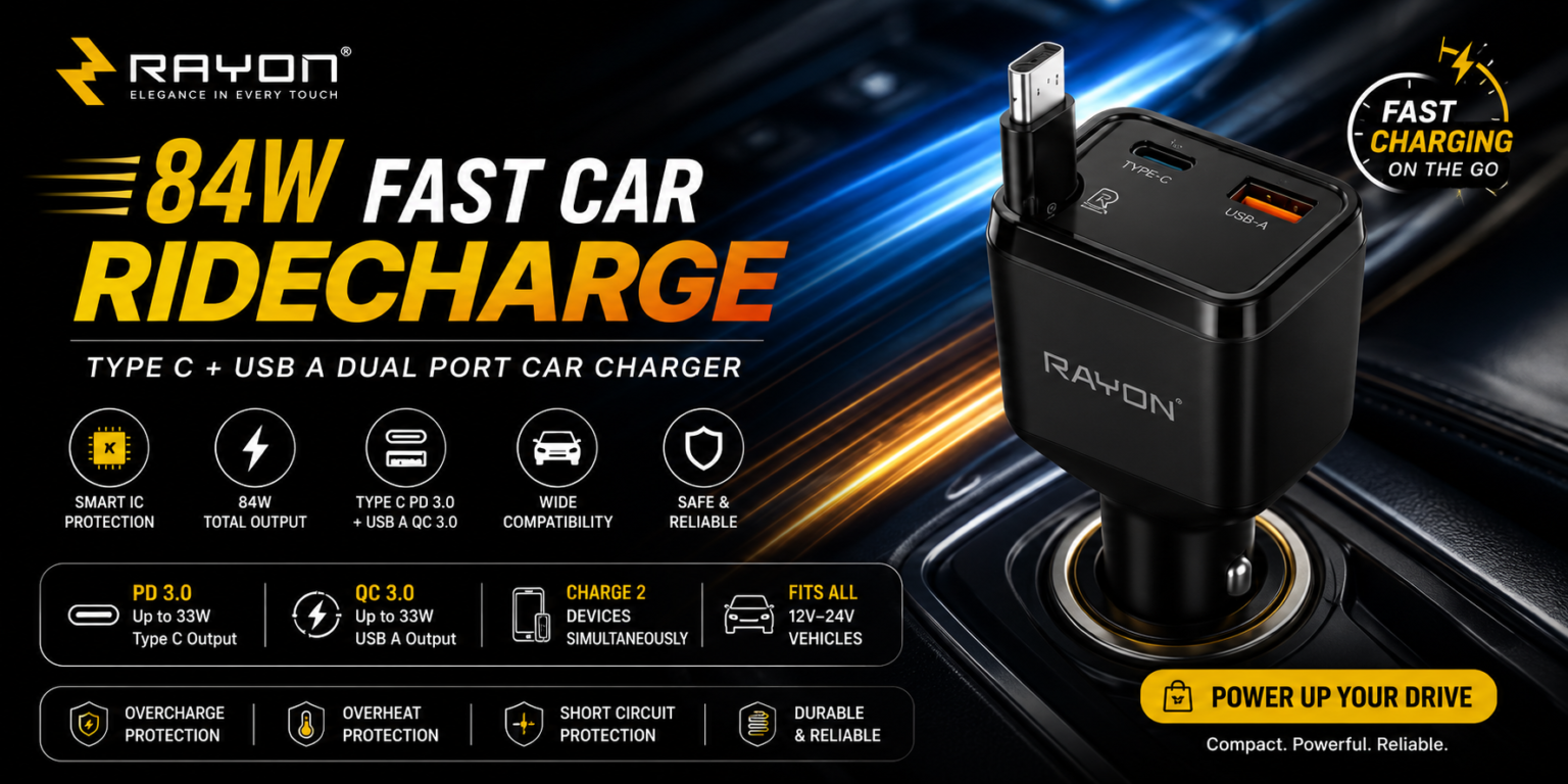 RAYON 84W Fast Car RideCharge Type C USB A Dual Port Fast Car Charger