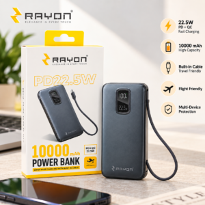 Rayon 10000mAh 22.5W Fast Charging Power Bank with Built-in Cables